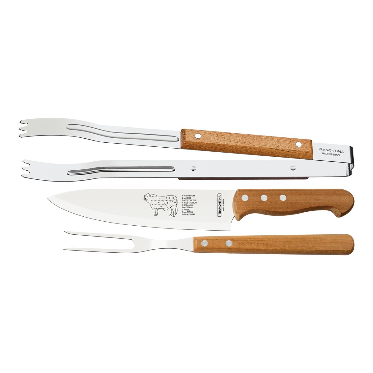 JOGO PARA CHURRASCO 3 PÇS GARFO+FACA+PEGADOR TRAMONTINA
