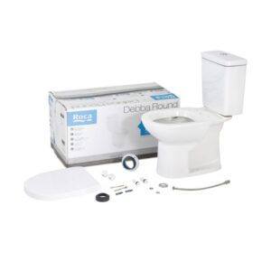 KIT BACIA DEBBA ROUND BRANCA COM CAIXA ACOPLADA + ASSENTO + ACES. FIXAÇÃO ROCA